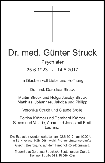 Anzeige von Günter Struck von Kölner Stadt-Anzeiger / Kölnische Rundschau / Express