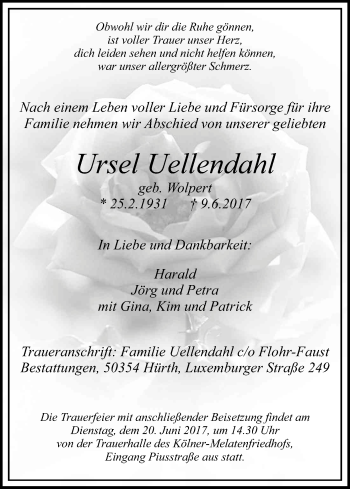 Anzeige von Ursel Uellendahl von Kölner Stadt-Anzeiger / Kölnische Rundschau / Express