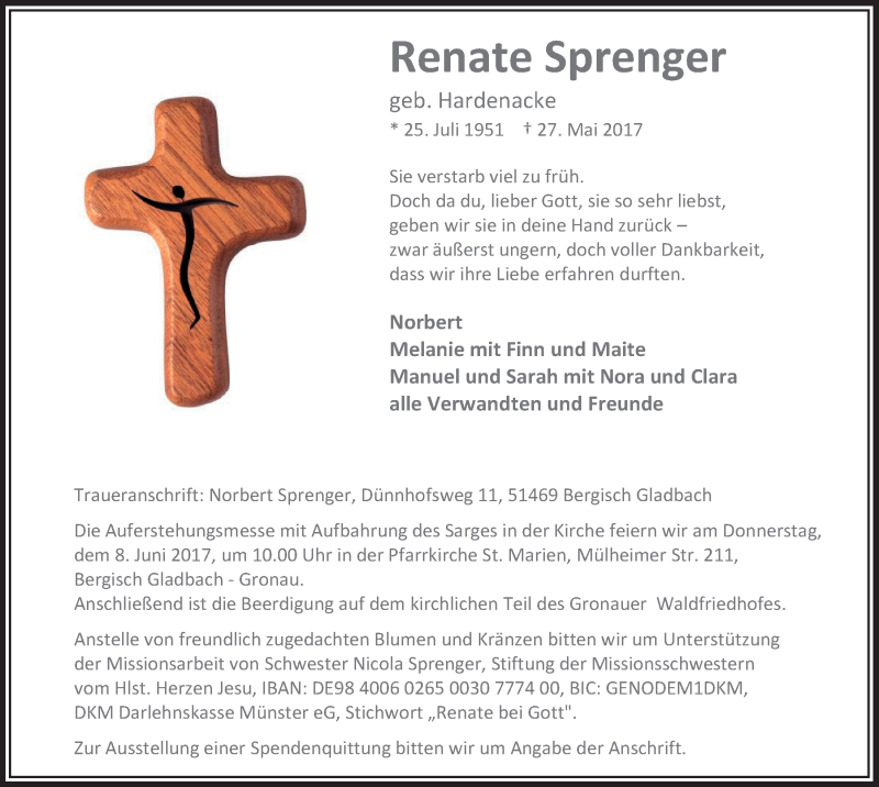  Traueranzeige für Renate Sprenger vom 07.06.2017 aus  Bergisches Handelsblatt 
