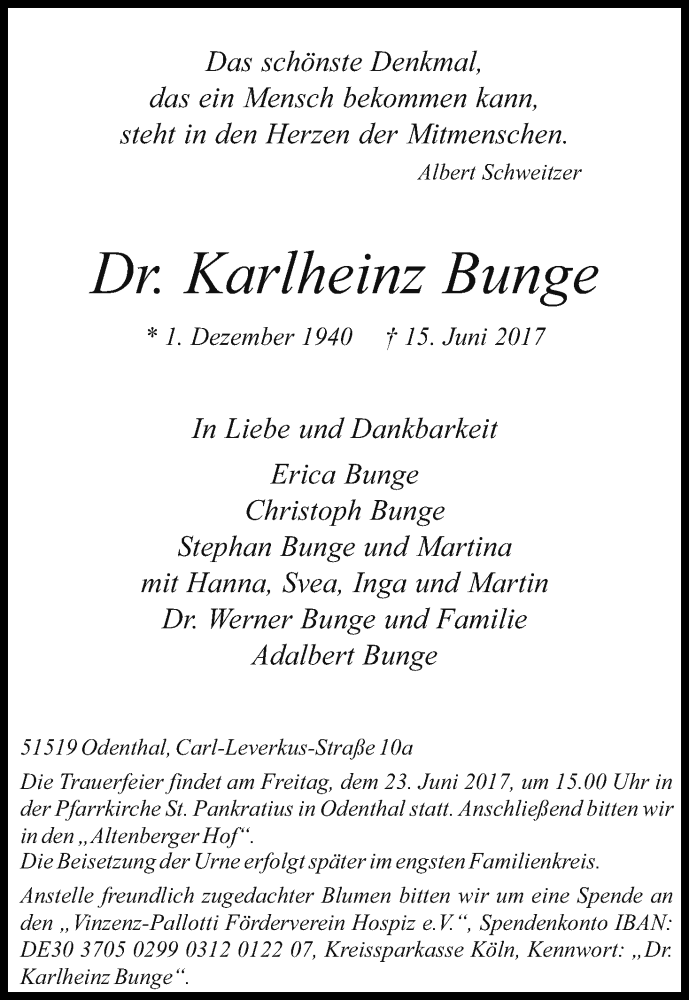  Traueranzeige für Karlheinz Bunge vom 22.06.2017 aus Kölner Stadt-Anzeiger / Kölnische Rundschau / Express