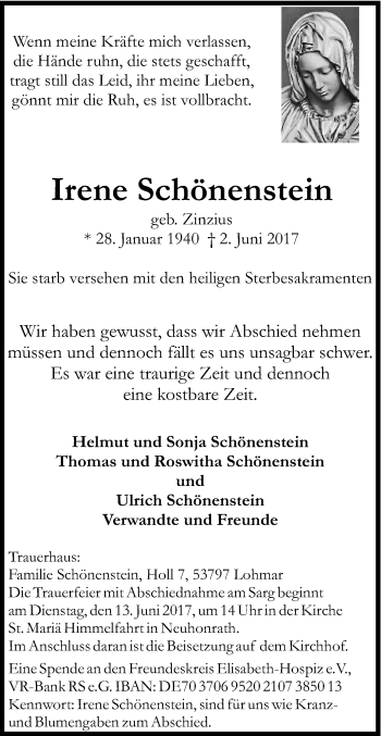 Anzeige von Irene Schönenstein von Kölner Stadt-Anzeiger / Kölnische Rundschau / Express