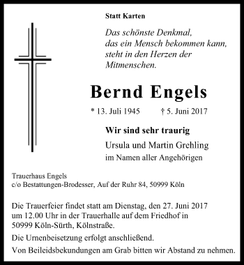 Anzeige von Bernd Engels von  Kölner Wochenspiegel 