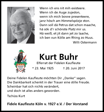 Anzeige von Kurt Buhr von Kölner Stadt-Anzeiger / Kölnische Rundschau / Express