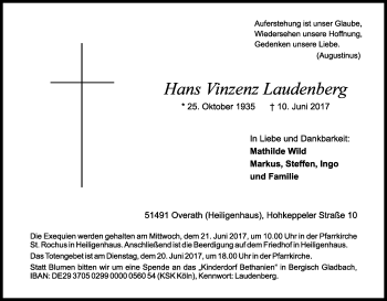 Anzeige von Hans Vinzenz Laudenberg von Kölner Stadt-Anzeiger / Kölnische Rundschau / Express