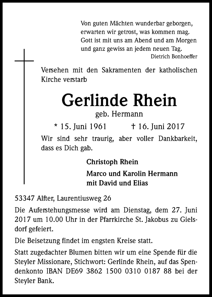  Traueranzeige für Gerlinde Rhein vom 21.06.2017 aus Kölner Stadt-Anzeiger / Kölnische Rundschau / Express