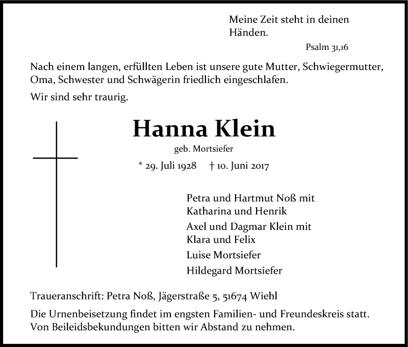  Traueranzeige für Hanna Klein vom 17.06.2017 aus Kölner Stadt-Anzeiger / Kölnische Rundschau / Express