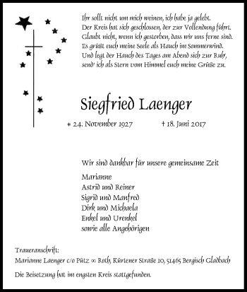 Anzeige von Siegfried Laenger von Kölner Stadt-Anzeiger / Kölnische Rundschau / Express