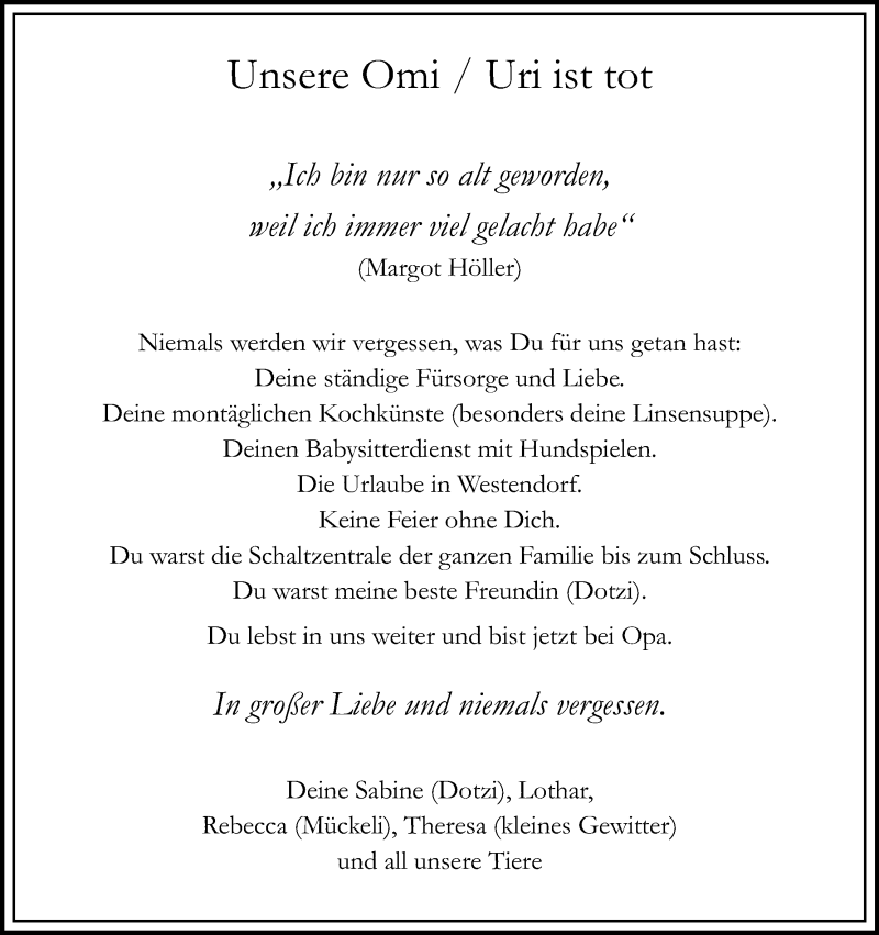  Traueranzeige für Margot Höller vom 24.06.2017 aus Kölner Stadt-Anzeiger / Kölnische Rundschau / Express