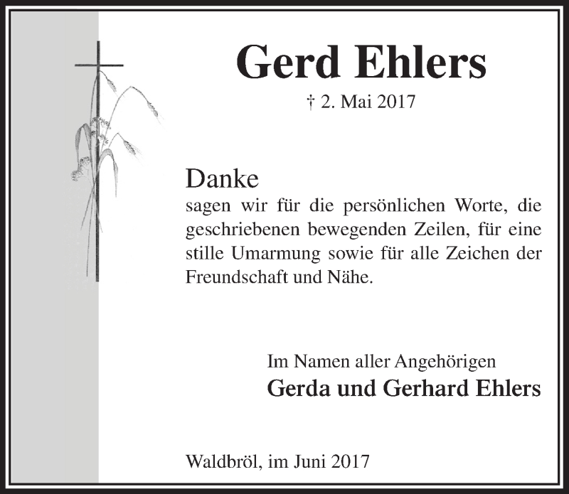  Traueranzeige für Gerd Ehlers vom 21.06.2017 aus  Lokalanzeiger 