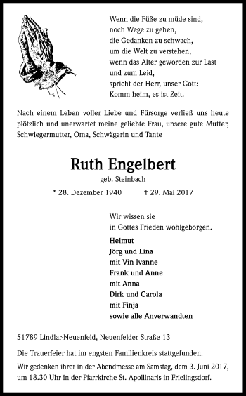 Anzeige von Ruth Engelbert von Kölner Stadt-Anzeiger / Kölnische Rundschau / Express