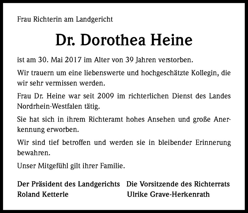  Traueranzeige für Dorothea Heine vom 07.06.2017 aus Kölner Stadt-Anzeiger / Kölnische Rundschau / Express