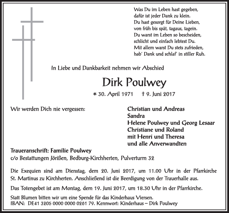  Traueranzeige für Dirk Poulwey vom 17.06.2017 aus  Sonntags-Post 
