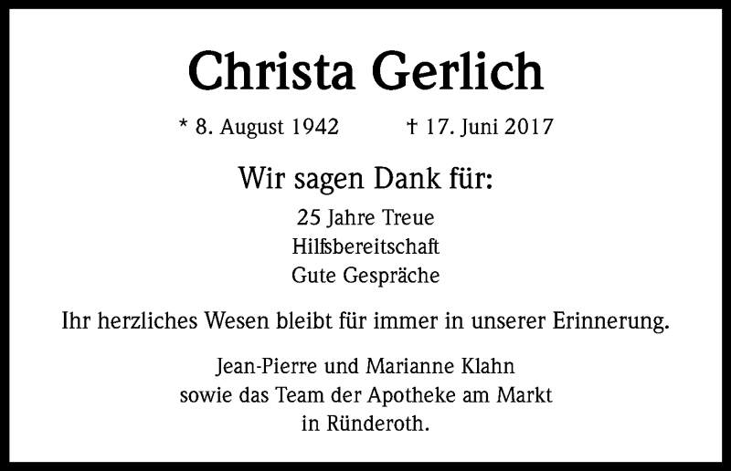  Traueranzeige für Christa Gerlich vom 01.07.2017 aus Kölner Stadt-Anzeiger / Kölnische Rundschau / Express
