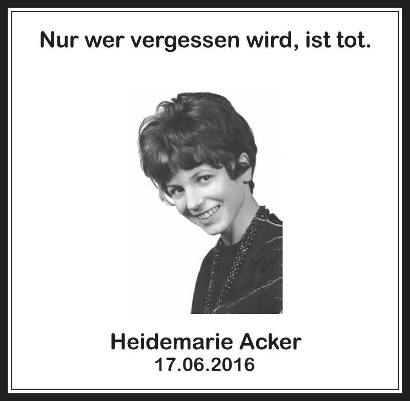  Traueranzeige für Heidemarie Acker vom 17.06.2017 aus  Sonntags-Post 