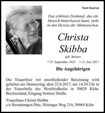 Anzeige von Christa Skibba von Kölner Stadt-Anzeiger / Kölnische Rundschau / Express
