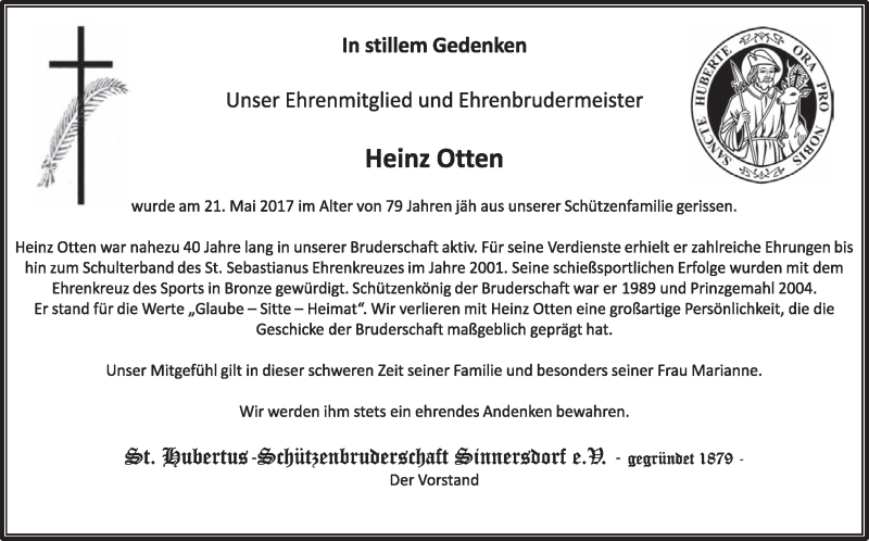  Traueranzeige für Heinz Otten vom 03.06.2017 aus  Sonntags-Post 