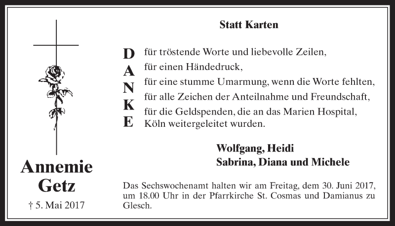  Traueranzeige für Annemie Getz vom 28.06.2017 aus  Werbepost 