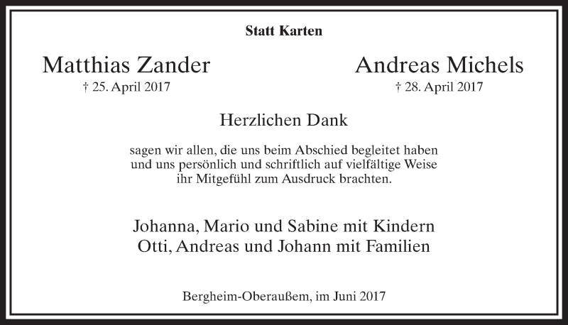  Traueranzeige für Matthias und Andreas  vom 03.06.2017 aus  Sonntags-Post 