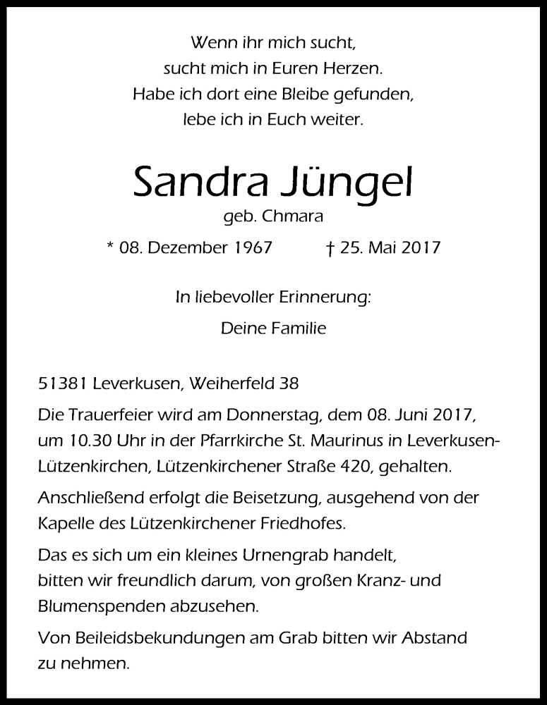  Traueranzeige für Sandra Jüngel vom 03.06.2017 aus Kölner Stadt-Anzeiger / Kölnische Rundschau / Express
