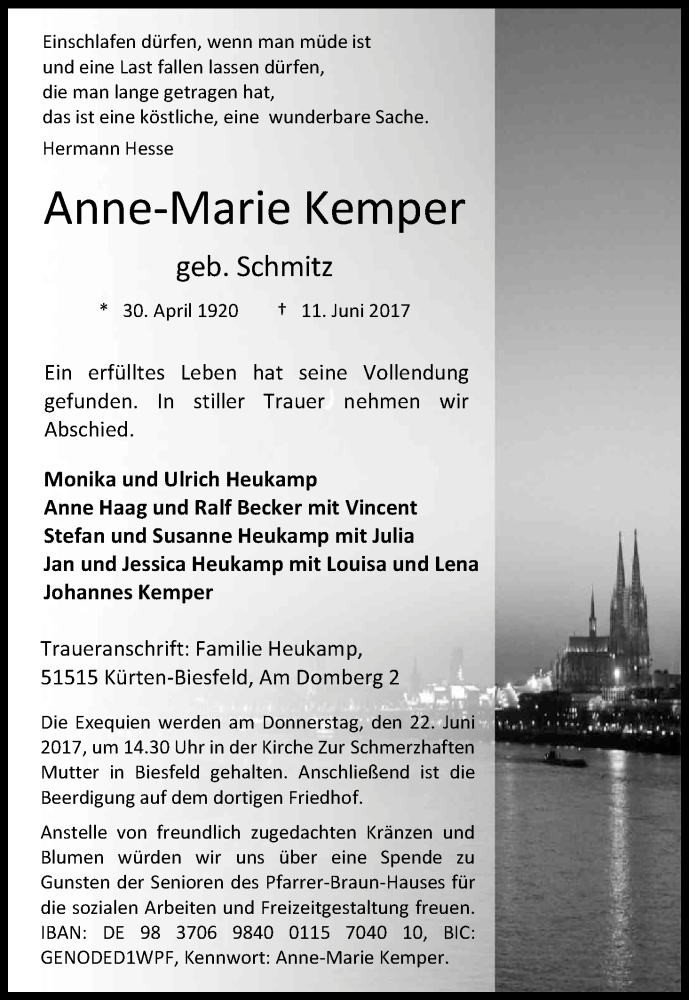  Traueranzeige für Anne-Marie Kemper vom 15.06.2017 aus Kölner Stadt-Anzeiger / Kölnische Rundschau / Express