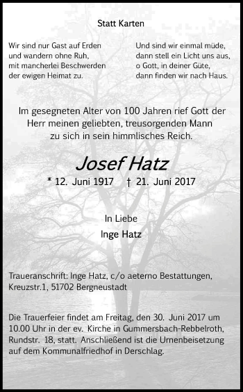 Anzeige von Josef Hatz von Kölner Stadt-Anzeiger / Kölnische Rundschau / Express