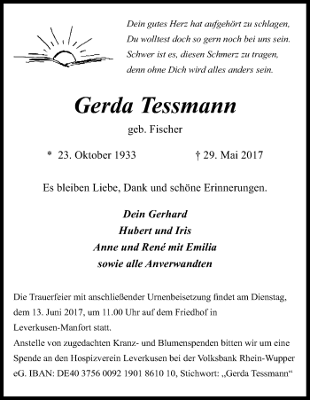 Anzeige von Gerda Tessmann von Kölner Stadt-Anzeiger / Kölnische Rundschau / Express