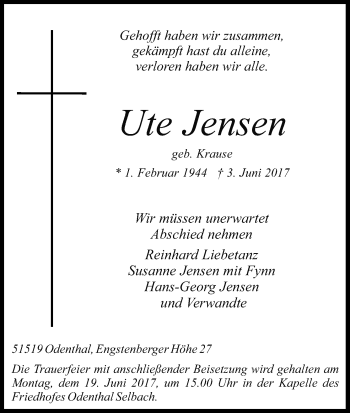 Anzeige von Ute Jensen von Kölner Stadt-Anzeiger / Kölnische Rundschau / Express
