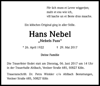 Anzeige von Hans Nebel von Kölner Stadt-Anzeiger / Kölnische Rundschau / Express