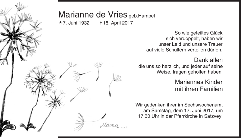 Traueranzeige für Marianne de Vries vom 17.06.2017 aus  Blickpunkt Euskirchen 