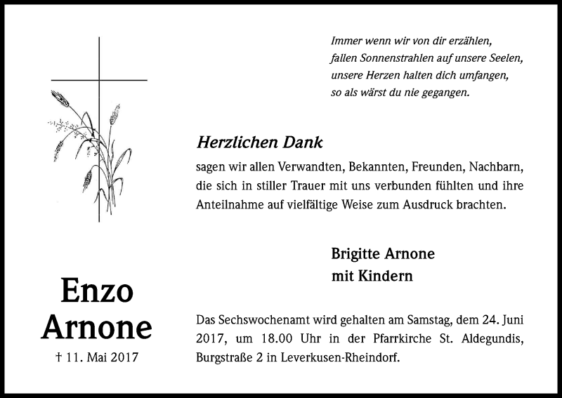  Traueranzeige für Enzo Arnone vom 21.06.2017 aus Kölner Stadt-Anzeiger / Kölnische Rundschau / Express