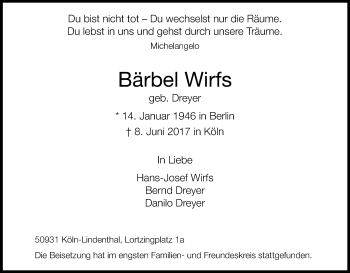Anzeige von Bärbel Wirfs von Kölner Stadt-Anzeiger / Kölnische Rundschau / Express