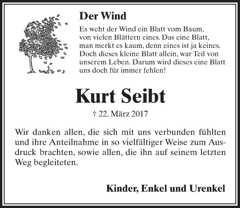  Traueranzeige für Kurt Seibt vom 17.06.2017 aus  Blickpunkt Euskirchen 