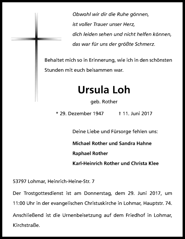  Traueranzeige für Ursula Loh vom 24.06.2017 aus Kölner Stadt-Anzeiger / Kölnische Rundschau / Express
