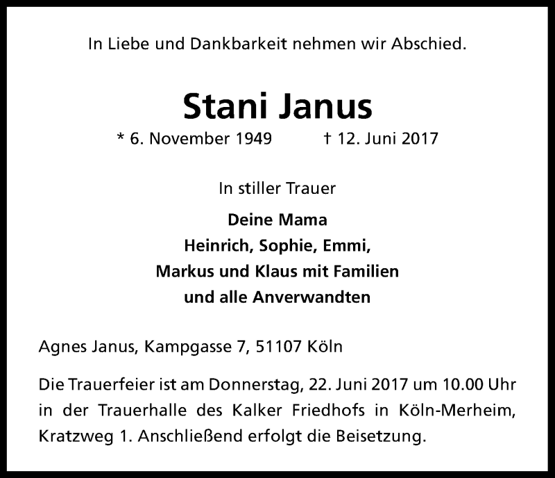  Traueranzeige für Stani Janus vom 17.06.2017 aus Kölner Stadt-Anzeiger / Kölnische Rundschau / Express