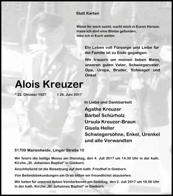 Anzeige von Alois Kreuzer von Kölner Stadt-Anzeiger / Kölnische Rundschau / Express