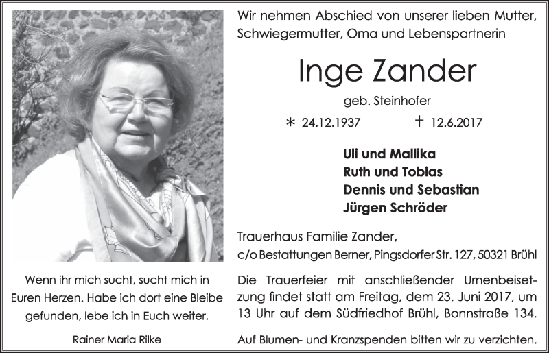  Traueranzeige für Inge Zander vom 21.06.2017 aus  Schlossbote/Werbekurier 