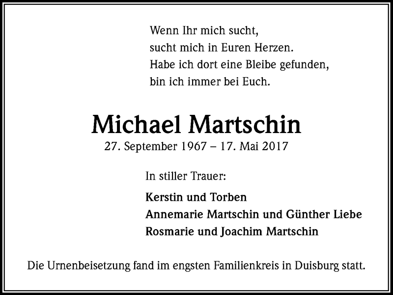  Traueranzeige für Michael Martschin vom 02.06.2017 aus Kölner Stadt-Anzeiger / Kölnische Rundschau / Express