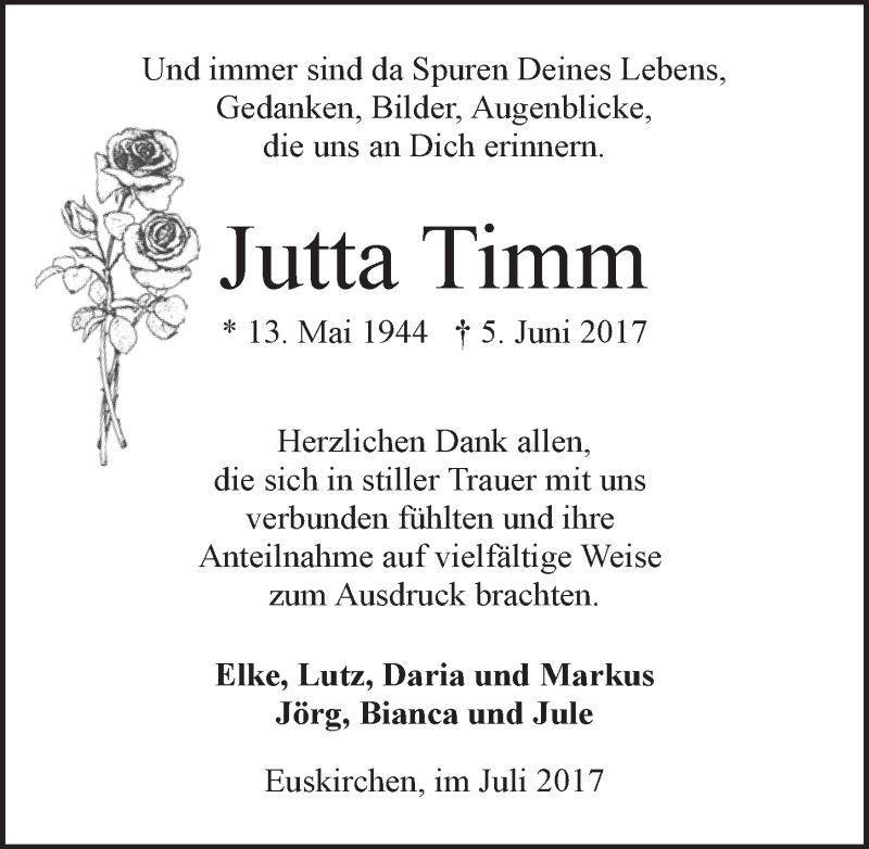  Traueranzeige für Jutta Timm vom 01.07.2017 aus  Blickpunkt Euskirchen 