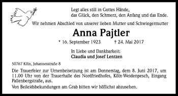 Anzeige von Anna Pajtler von Kölner Stadt-Anzeiger / Kölnische Rundschau / Express