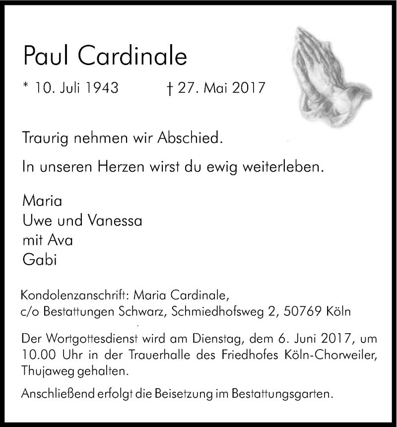  Traueranzeige für Paul Cardinale vom 03.06.2017 aus Kölner Stadt-Anzeiger / Kölnische Rundschau / Express