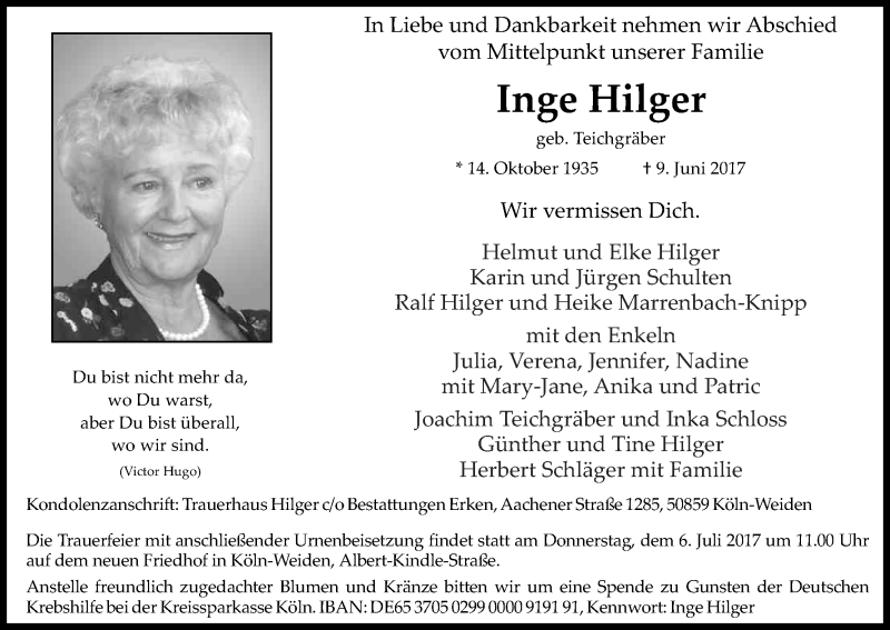  Traueranzeige für Inge Hilger vom 01.07.2017 aus Kölner Stadt-Anzeiger / Kölnische Rundschau / Express