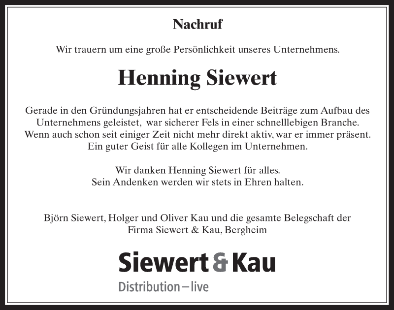  Traueranzeige für Henning Siewert vom 21.06.2017 aus  Werbepost 