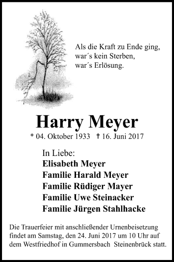 Anzeige von Harry Meyer von Kölner Stadt-Anzeiger / Kölnische Rundschau / Express
