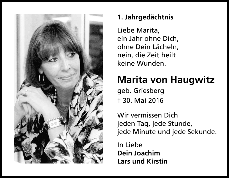  Traueranzeige für Marita von Haugwitz vom 03.06.2017 aus Kölner Stadt-Anzeiger / Kölnische Rundschau / Express