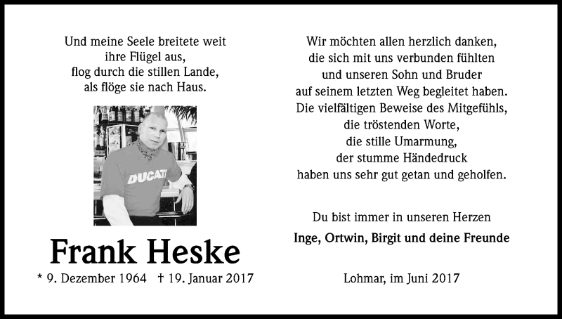  Traueranzeige für Frank Heske vom 10.06.2017 aus Kölner Stadt-Anzeiger / Kölnische Rundschau / Express