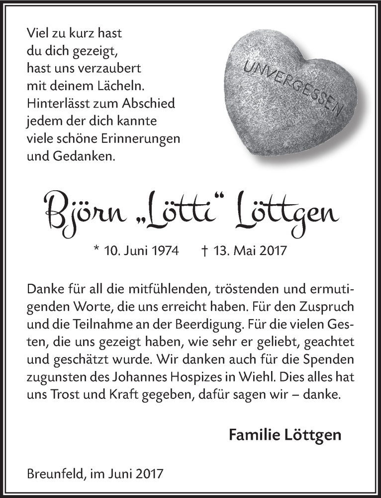 Traueranzeige für Björn Löttgen vom 21.06.2017 aus  Lokalanzeiger 
