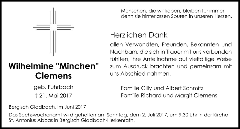  Traueranzeige für Wilhelmine Clemens vom 28.06.2017 aus  Bergisches Handelsblatt 