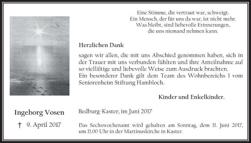  Traueranzeige für Ingeborg Vosen vom 07.06.2017 aus  Werbepost 