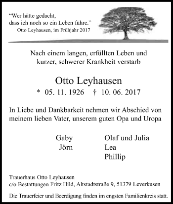 Anzeige von Otto Leyhausen von Kölner Stadt-Anzeiger / Kölnische Rundschau / Express