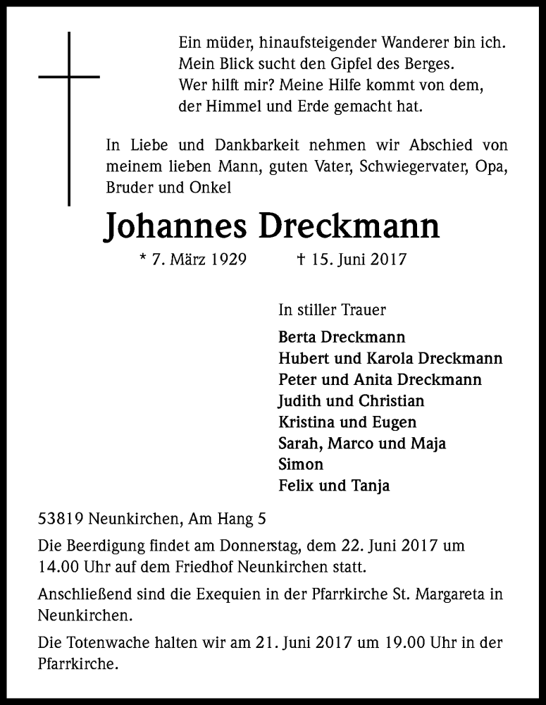  Traueranzeige für Johannes Dreckmann vom 19.06.2017 aus Kölner Stadt-Anzeiger / Kölnische Rundschau / Express